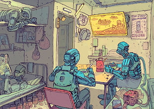 two robot sitting beside desk illustration, drawing