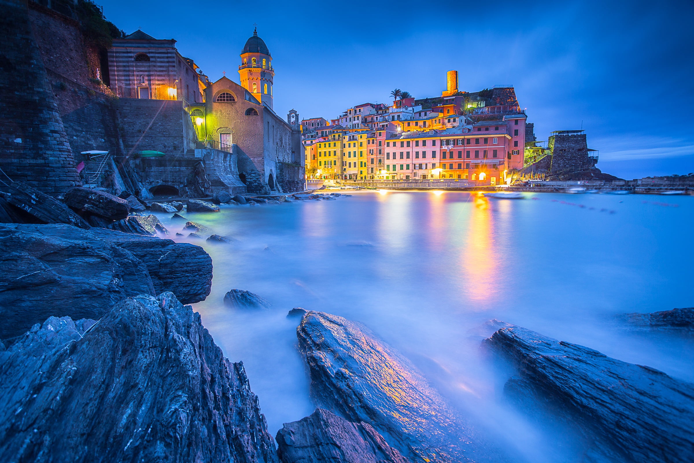 yellow and red building painting, Italy, blue, sea, Cinque Terre