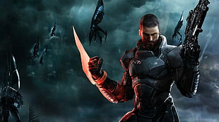 man holding rifle and red claw HD wallpaper, Mass Effect, video games, Commander Shepard, Reapers HD wallpaper