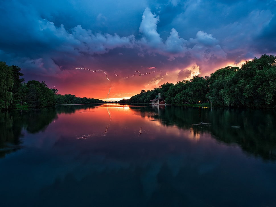body of water, lightning, river, sky, clouds HD wallpaper
