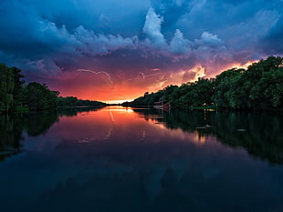 body of water, lightning, river, sky, clouds