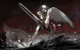 man wearing white suit with wings holding sword character painting, video games, digital art, Lineage II, sword