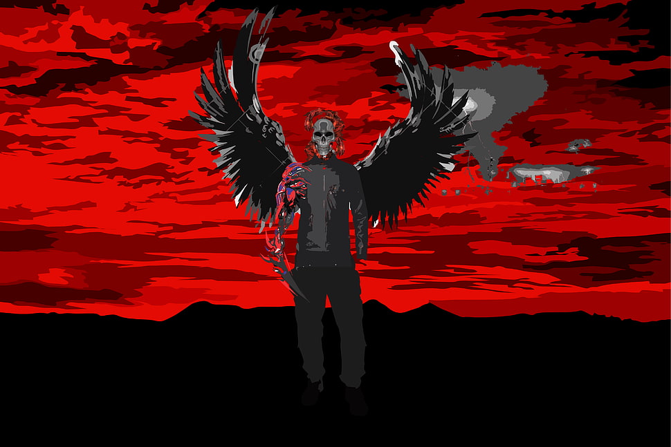 person with wings cartoon illustration, death, angel, hell, skull HD wallpaper