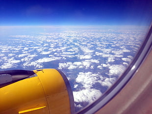 yellow aircraft, airplane, clouds, yellow, flying