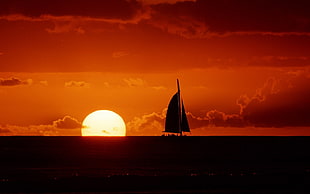 silhouette of sailing boat, sunlight, boat, sky, sea HD wallpaper