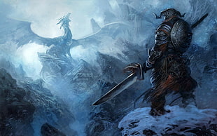 man holding sword illustration, The Elder Scrolls V: Skyrim, The Elder Scrolls, fantasy art, dragon