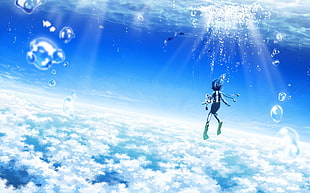 anime illustration, sky, sea, clouds, bubbles
