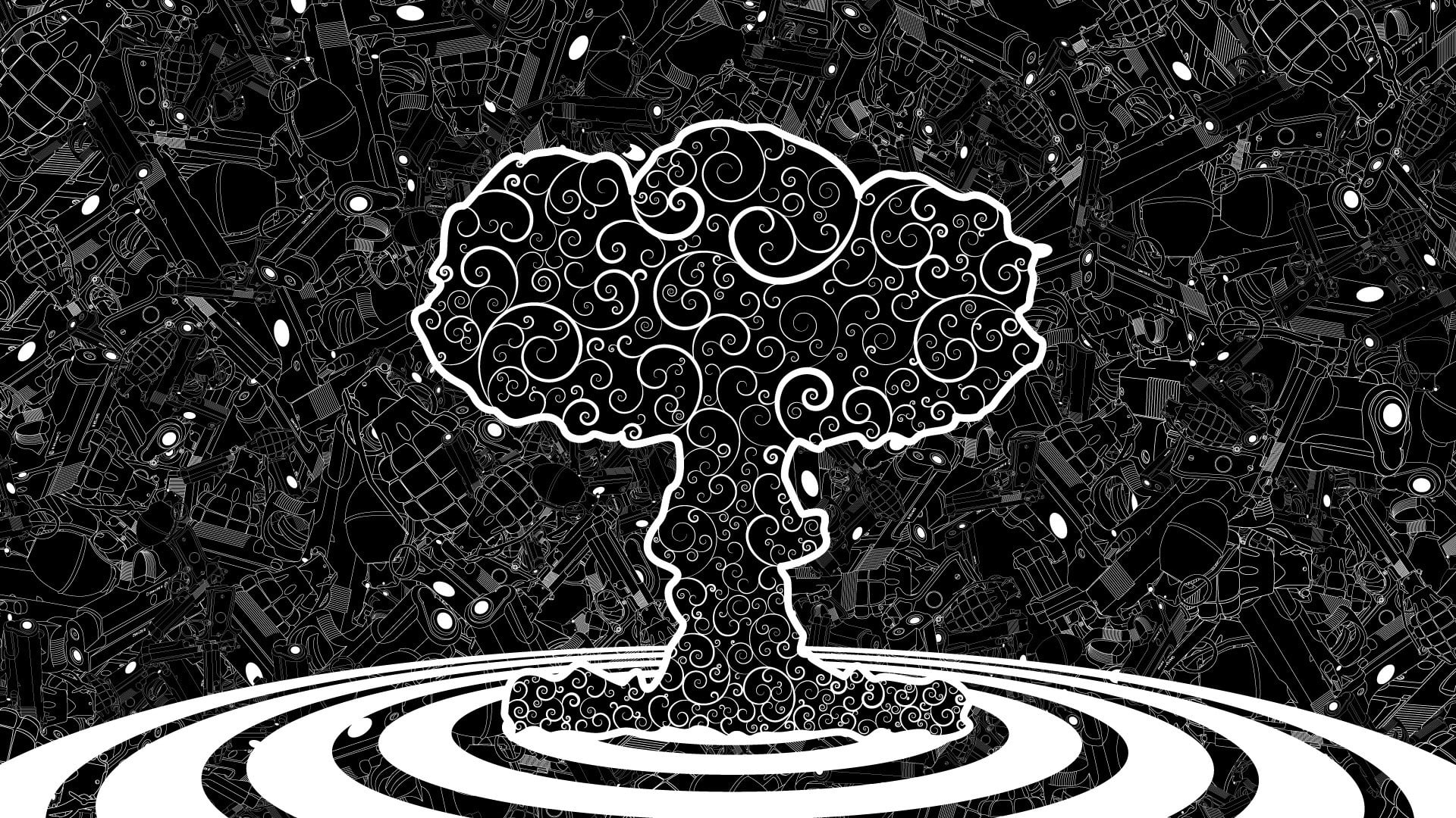black and white tree illustration, pistol, digital art, abstract, monochrome