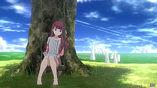 female anime wallpaper, clouds, dress, barefoot, grass