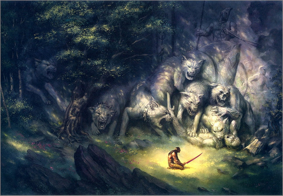 man in the jungle painting, artwork, warrior, wolf, forest HD wallpaper