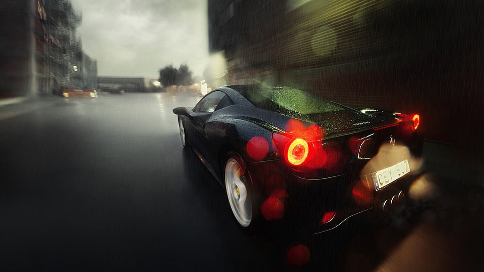 black coupe, Ferrari, Ferrari 458, car, rain HD wallpaper
