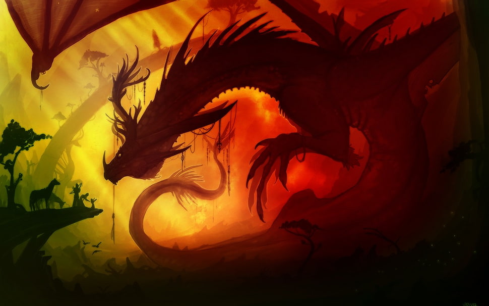 yellow and black abstract painting, dragon, fantasy art HD wallpaper