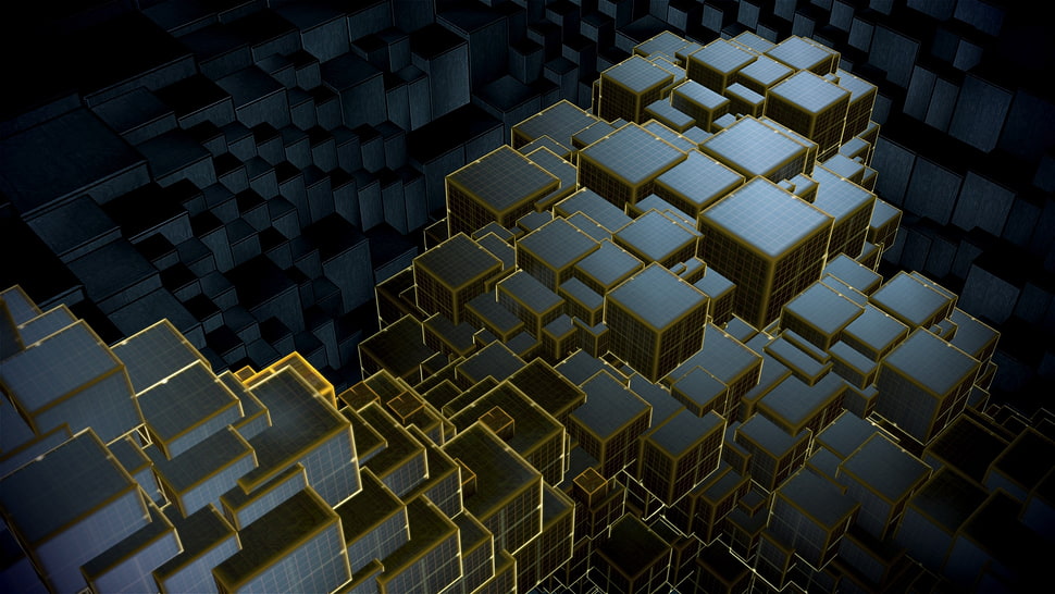 3D illustration of boxes with black and yellow color HD wallpaper