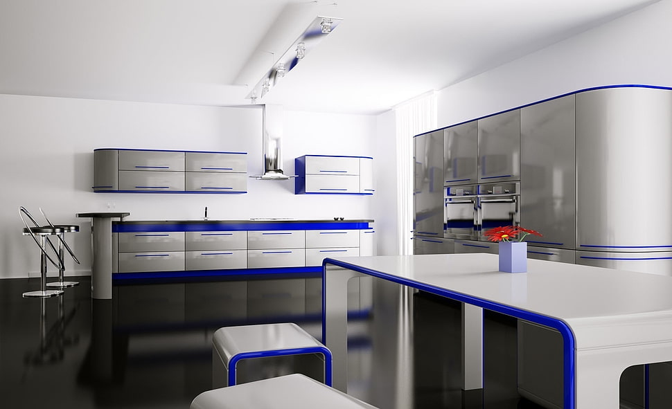 white-and-blue-themed kitchen HD wallpaper