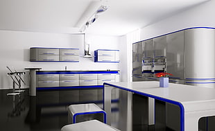 white-and-blue-themed kitchen