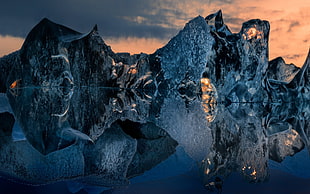 black cave, nature, landscape, iceberg, reflection