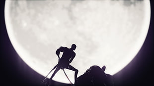 silhouette of man under full moon illustration HD wallpaper