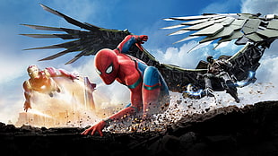 Spider-Man, Iron Man, and Vulture digital wallpaper, Spider-Man, Iron Man, superhero, Spider-Man: Homecoming (2017)