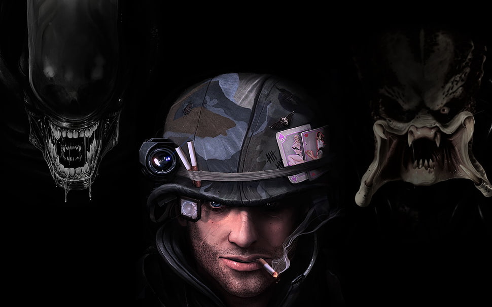 man with blue and grey camouflaged helmet illustration, Alien vs. Predator, Xenomorph HD wallpaper