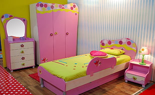 pink and green wooden bedroom furniture set HD wallpaper