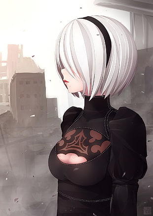 white female anime character wearing black dress, white hair, NieR, Nier: Automata, 2B (Nier: Automata)