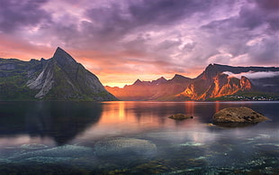 gray mountain, nature, landscape, lake, sunset HD wallpaper