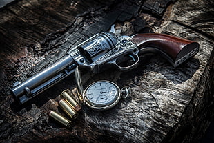 silver and brown revolver, revolver, weapon, clocks