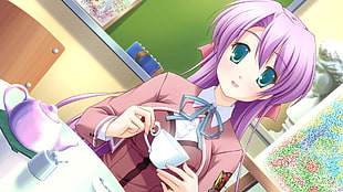 pink haired anime girl holding teacup graphic illustration
