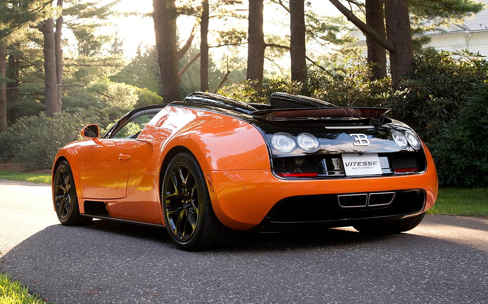 orange and black coupe, Bugatti Veyron, Bugatti Veyron vitesse, car HD wallpaper