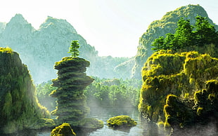 green trees and mountain illustration, landscape, artwork, nature