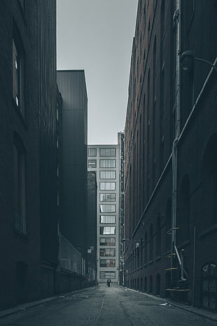 grayscale photography of man walking between buildings, street, street view, New York City