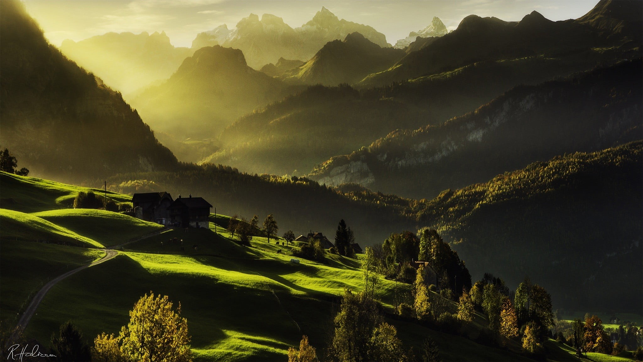 Beautiful hill. Долина Лаутербруннен Швейцария. Природа Швейцарии деревья холмы горы. Туманные горы Средиземье. Завораживающие пейзажи.