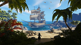 brown ship on shore illustration, video games, pirates, Sea of Thieves, ship