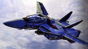 blue aircraft digital wallpaper, Robotech, anime, robot, Macross Frontier
