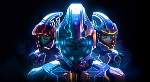 three people with helmets digital wallpaper