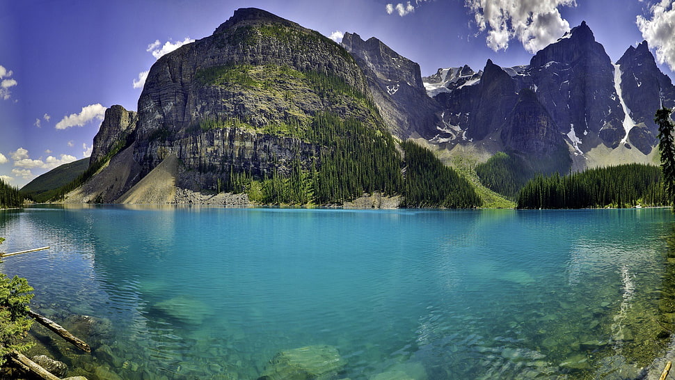 blue lake and green and gray mountains, landscape HD wallpaper