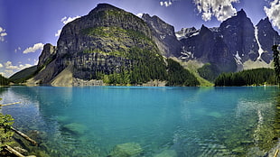 blue lake and green and gray mountains, landscape