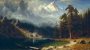 body of water surrounded by trees and mountain