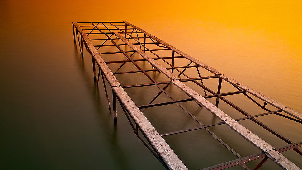 gray metal folding bed frame, water, pier, wood HD wallpaper