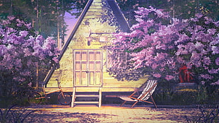 brown house surrounded by plants painting, Everlasting Summer, bicycle, red, purple