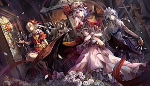 three female anime characters wearing dresses, anime, Touhou, Flandre Scarlet, Remilia Scarlet