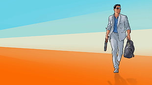 man holding gun and backpack illustration, archer, gun HD wallpaper