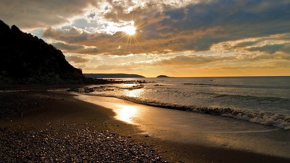 gray sand, landscape, beach, sunset, sea HD wallpaper
