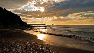 gray sand, landscape, beach, sunset, sea