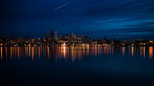 city buildings, evening, night, sea, lake HD wallpaper