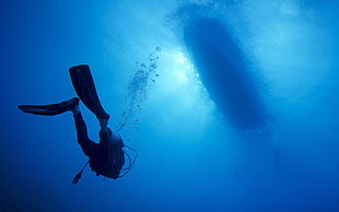 black scuba diving gear, underwater, divers