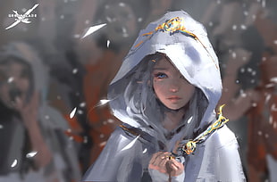 white-haired female character with hoodie