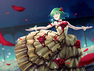 green hair female anime character dancing in yellow dress graphics