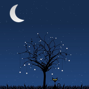 black cat illustration, Cat, Art, Tree