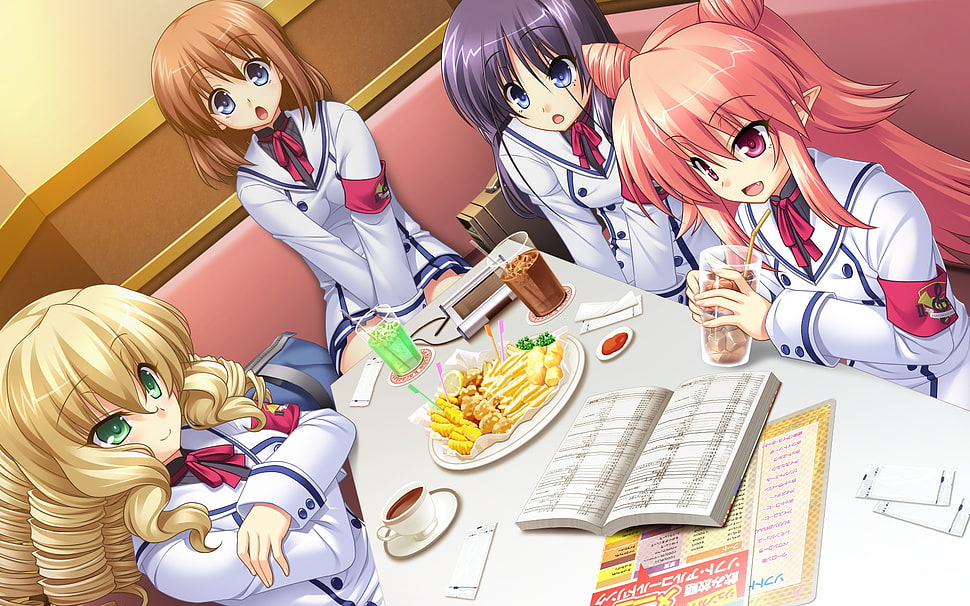 four female fictional characters at the restaurant HD wallpaper
